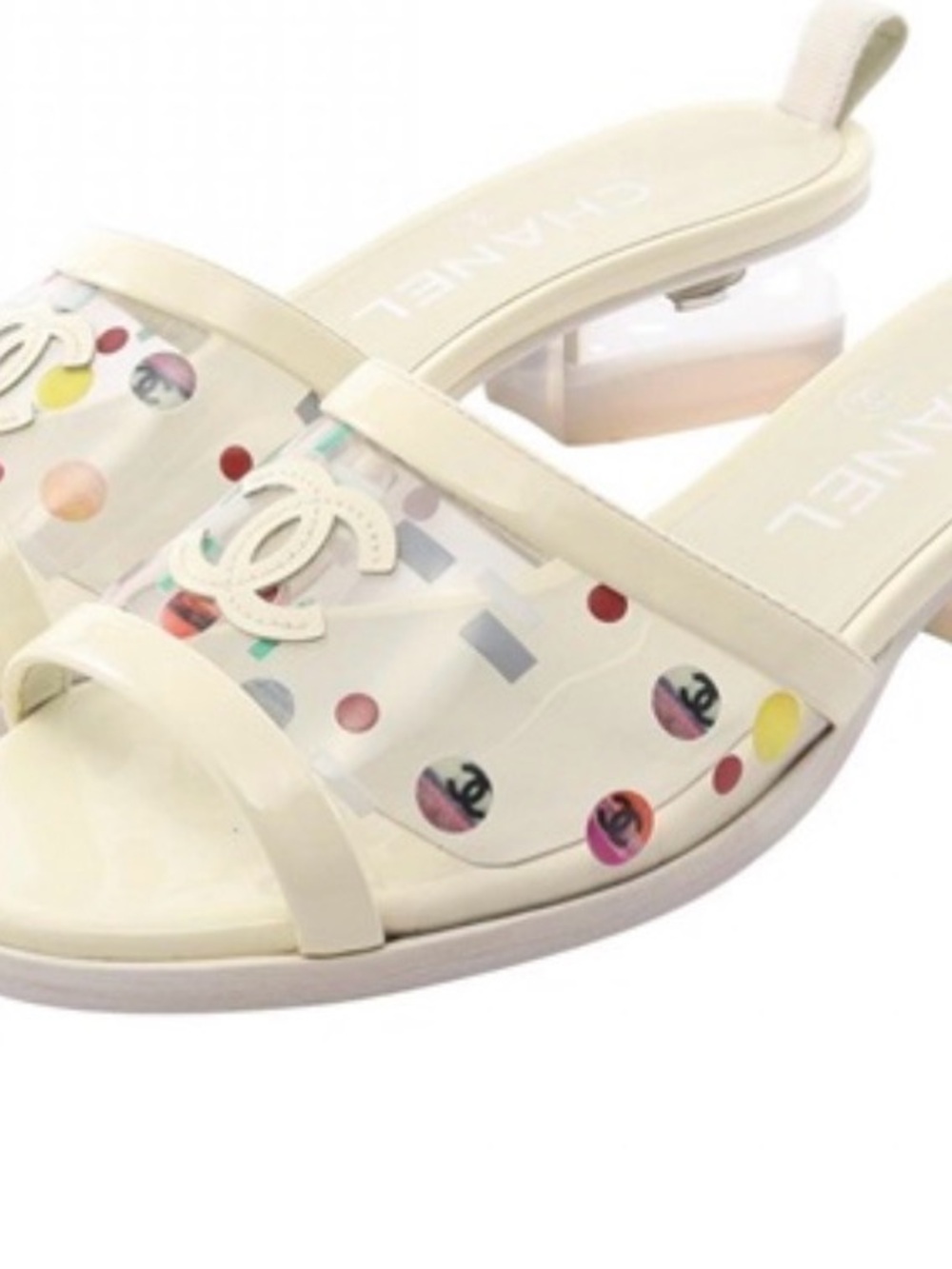 CHANEL Cream Sandals with Multicolor Dot Accents